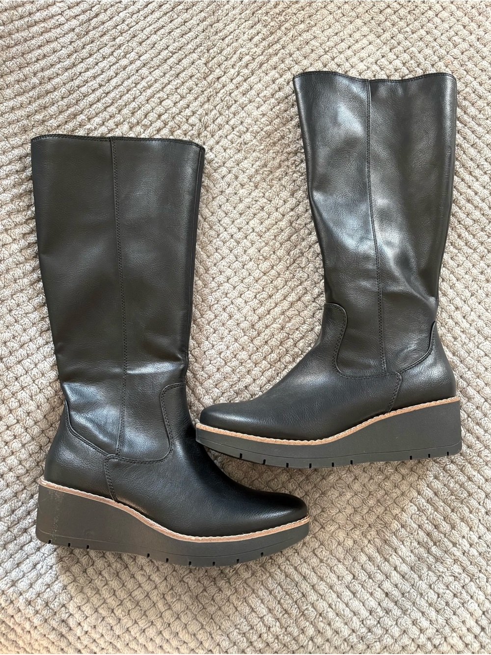 Classic Black Leather Wedge Knee Boots — Comfortable Everyday Wear